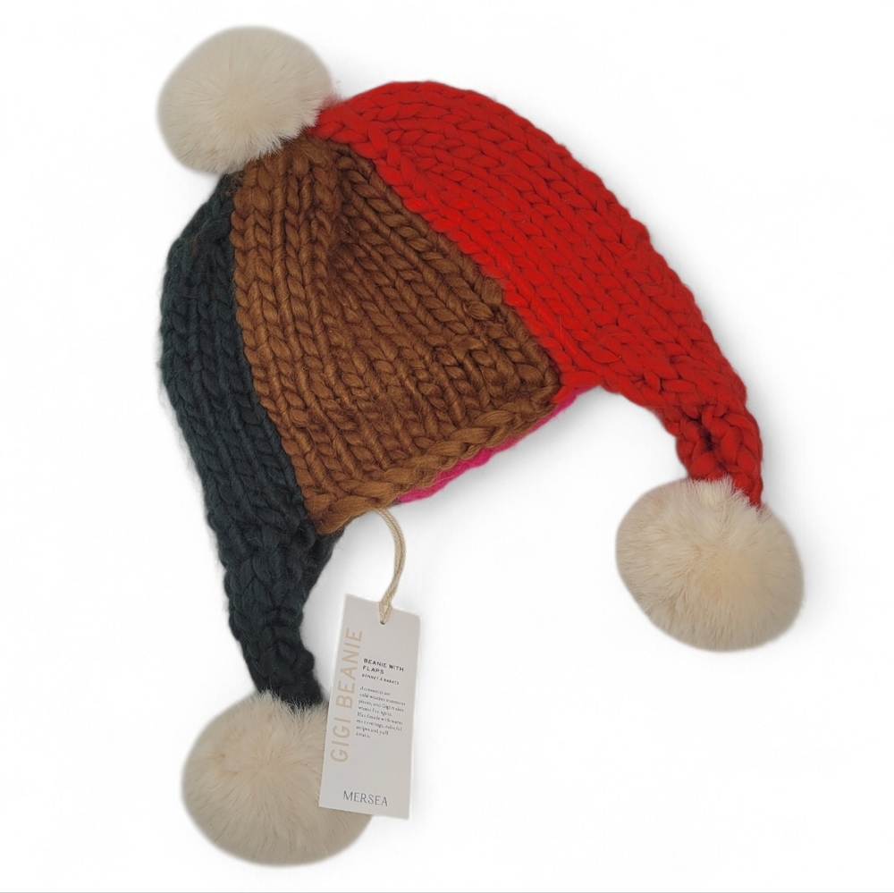 Mersea Gigi Knit Pom Pom Beanie Colorblock NEW